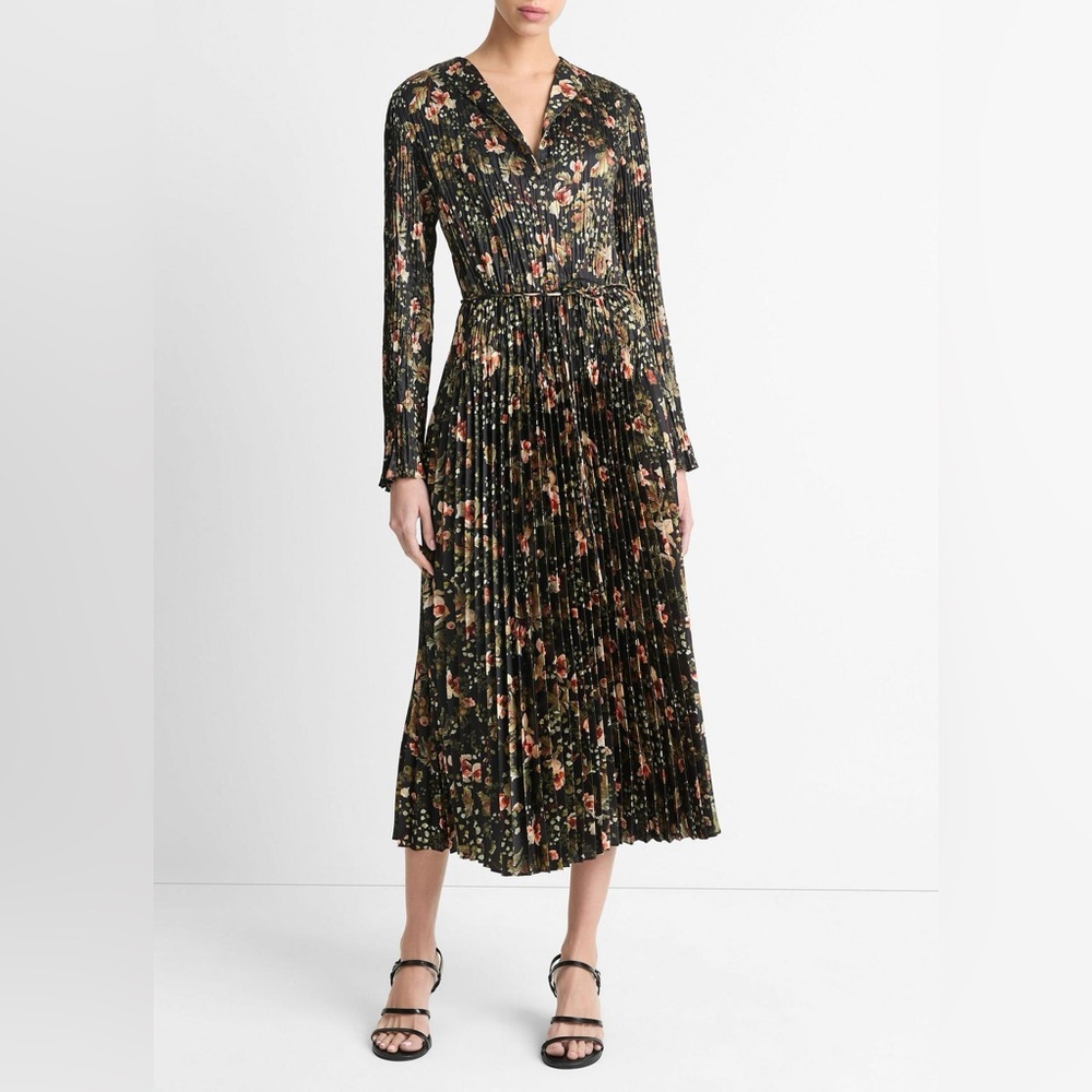 NWT $595 Vince Orchid Vine Pleated Satin Long-Sleeve Dress Size M